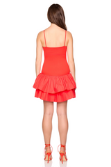 White Smoke Knit Poplin Strap Drop Waist Double Tier Mini Mini Dress