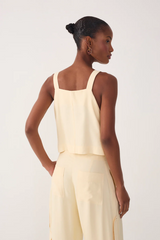 Lavender Beige Shell Straight Neck Buckle Strap Blouse Top
