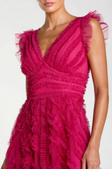 Lavender Pink V-Neck Cap Sleeve Ruffle Maxi Dress Formal Gown