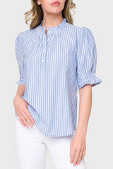 Lavender Dianthus Henley Blouse in French Blue Stripe Blouse
