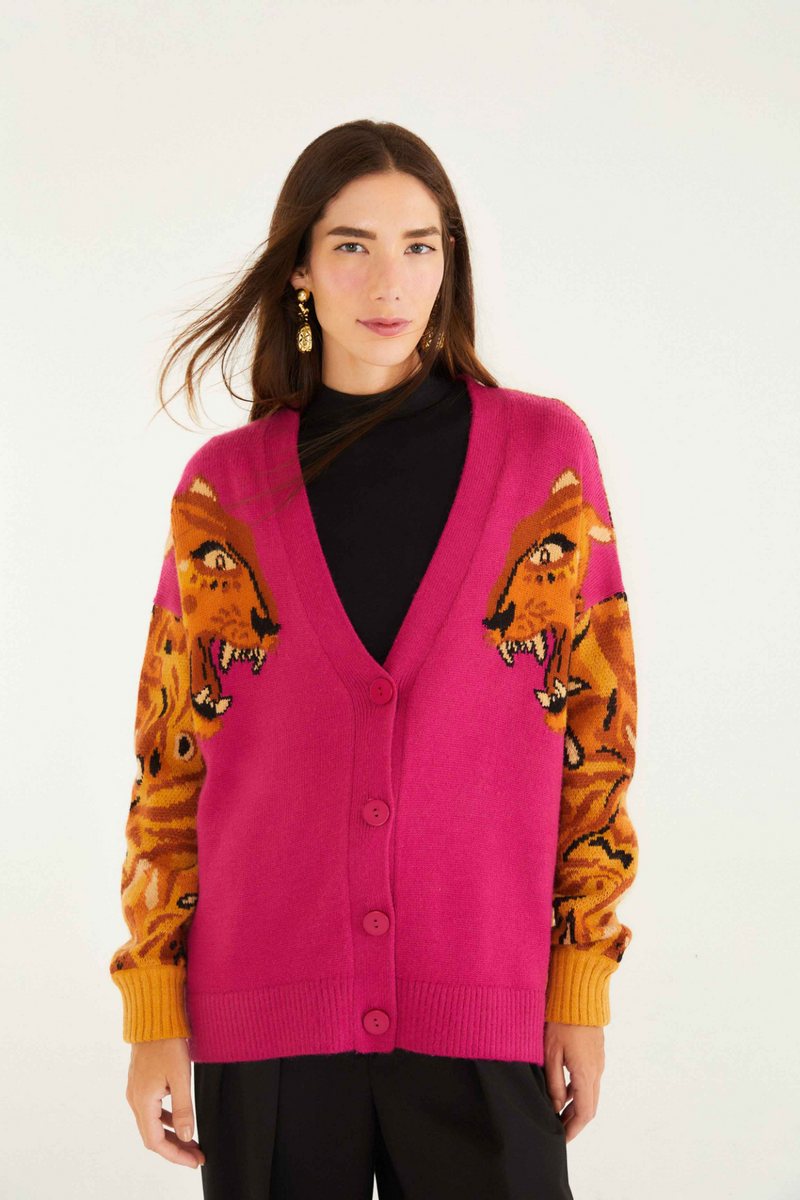Maroon Bold Tiger Sleeve Knit Cardigan Cardigan