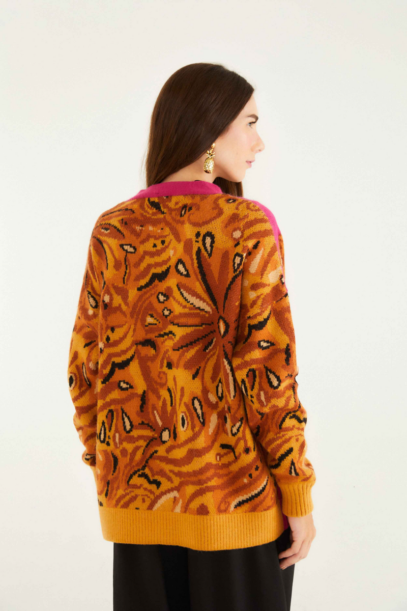 Beige Bold Tiger Sleeve Knit Cardigan Cardigan
