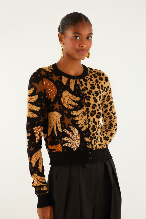 Beige Banana Leopard Mixed Cardigan Cardigan