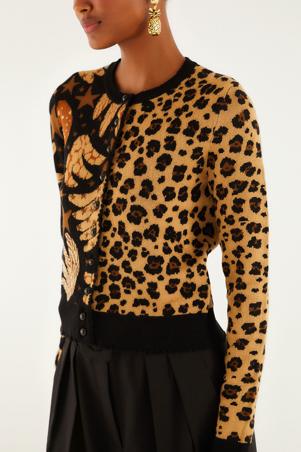Beige Banana Leopard Mixed Cardigan Cardigan