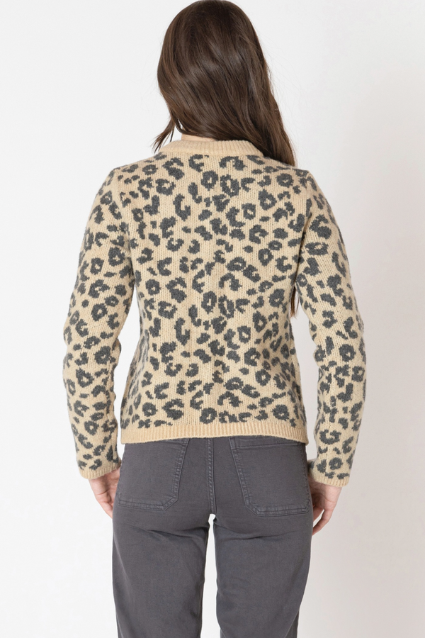 Antique White Crewneck Patterned Cardigan in Leopard Brown Cardigan