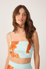 Antique White Blue Lily Crop Top and Midi Skirt Outfit Sets