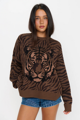 White Smoke Seasons Sweater in Wild Tiger Grpahic Knit Sweater