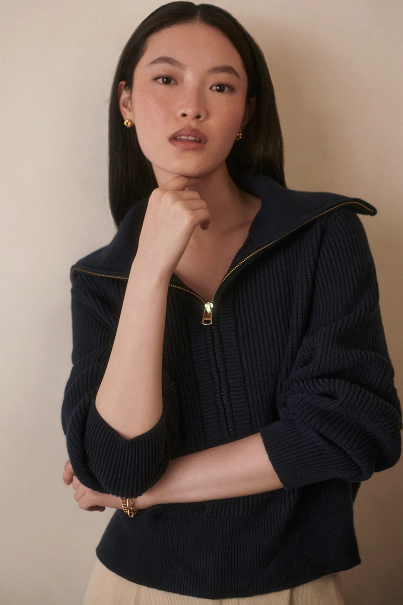 Rosy Brown Maura Half Zip Rib Knit Sweater
