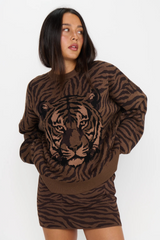 White Smoke Seasons Sweater in Wild Tiger Grpahic Knit Sweater