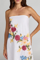 Gray Strapless Floral Embroidered Linen Gown | White Formal Gown