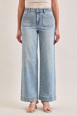 Light Gray Nori Wide Leg Pant Stud Pockets | Super Light Wash Jeans