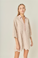 Light Gray Striped Embroidered Scallop Hem Shirt Mini Dress Mini Dress