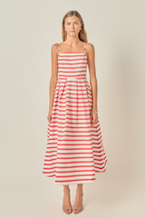 Light Gray Striped Pleated Midi Dress in Off White/Red Midi Dress