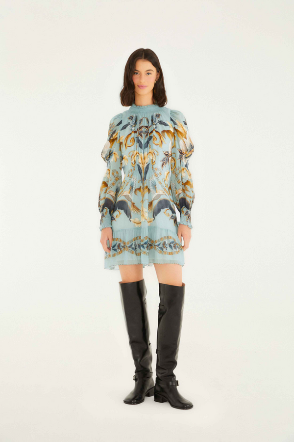 Beige Snake Garden Blue Long Sleeve Mini Dress Mini Dress