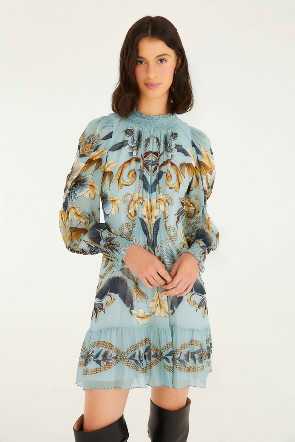 Antique White Snake Garden Blue Long Sleeve Mini Dress Mini Dress