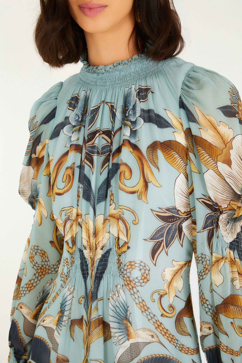 Gray Snake Garden Blue Long Sleeve Mini Dress Mini Dress