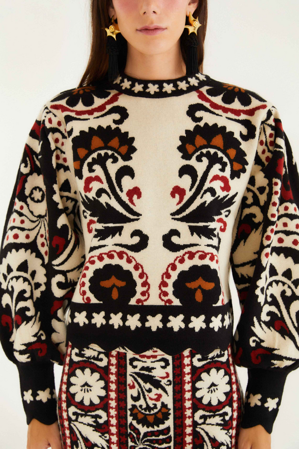 Black Winter Tapestry Stripes Knit Sweater Sweater