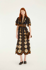 Beige Embroidered Flowers Black Midi Dress Midi Dress