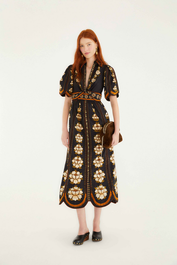 Beige Embroidered Flowers Black Midi Dress Midi Dress