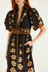 Antique White Embroidered Flowers Black Midi Dress Midi Dress