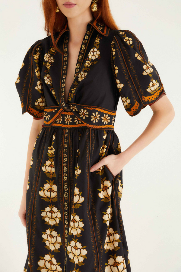 Antique White Embroidered Flowers Black Midi Dress Midi Dress