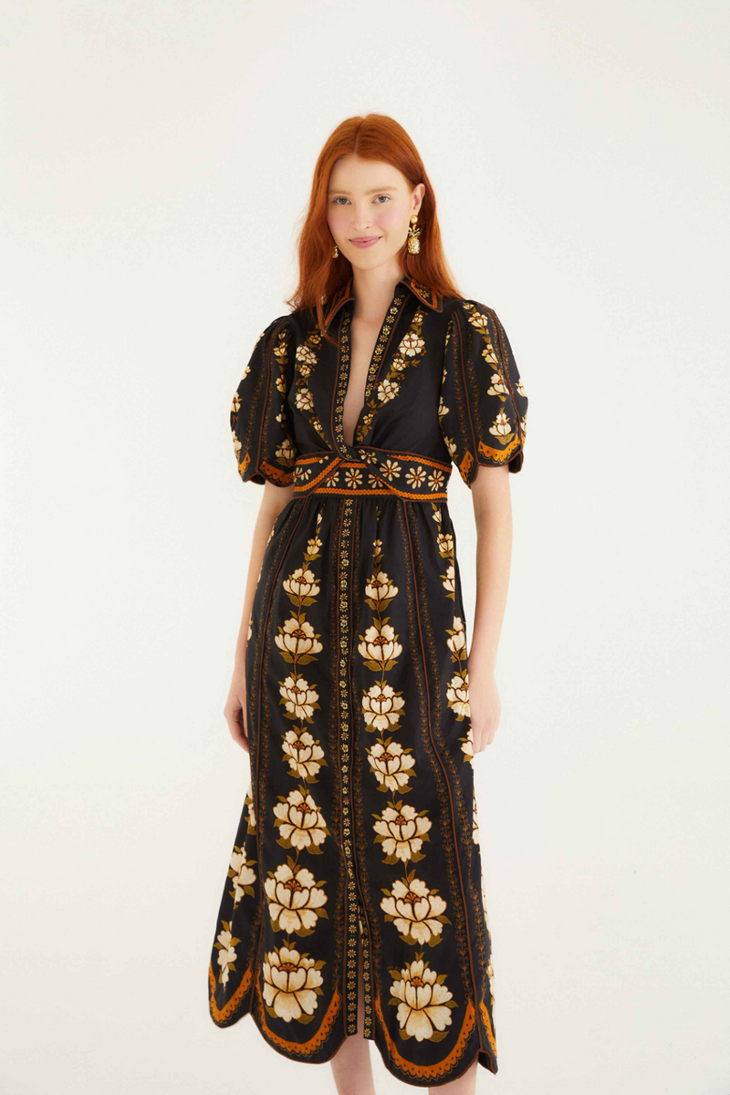 Black Embroidered Flowers Black Midi Dress Midi Dress