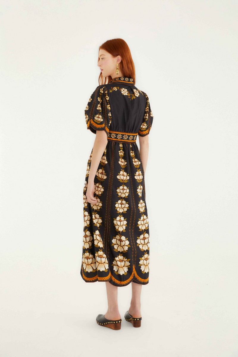 Beige Embroidered Flowers Black Midi Dress Midi Dress