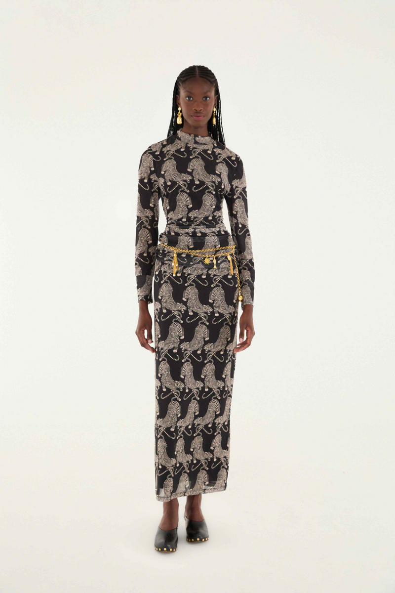 Beige Striped Tigers Black Tulle Midi Skirt Midi Skirt