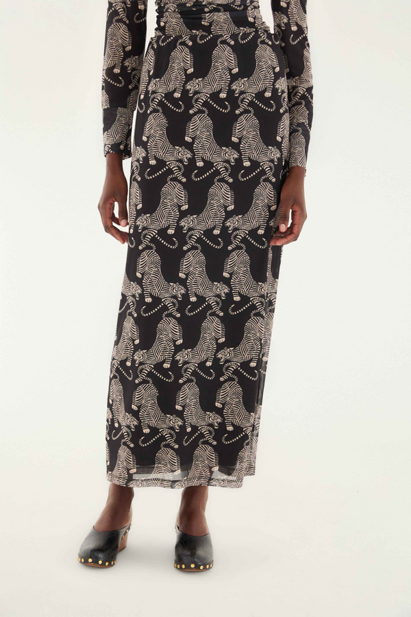 Dark Slate Gray Striped Tigers Black Tulle Midi Skirt Midi Skirt