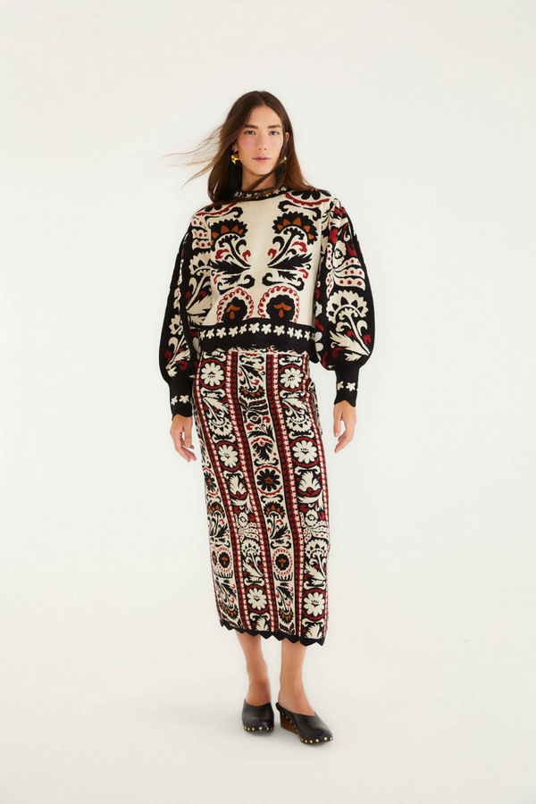 Beige Winter Tapestry Stripes Knit Skirt Maxi Skirt