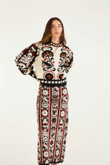 Beige Winter Tapestry Stripes Knit Skirt Maxi Skirt