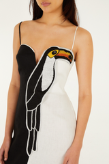 Lavender Black & White Embroidered Toucan Sleeveless Maxi Maxi Dress