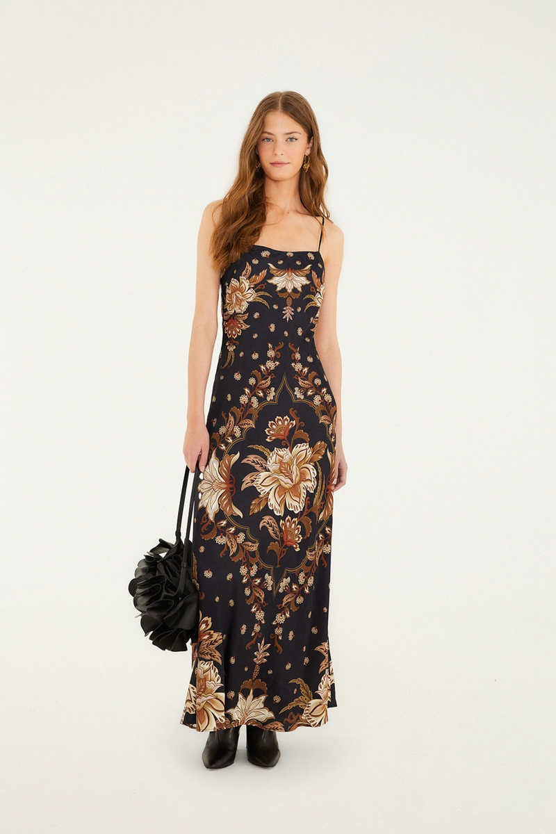 Beige Majestic Garden Black Slip Dress Maxi Dress