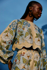 Steel Blue Garden Scarf Blue Long Sleeve Blouse Top