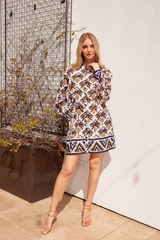 Light Gray Long Sleeve Shirtdress in Diamond Palm Mini Dress