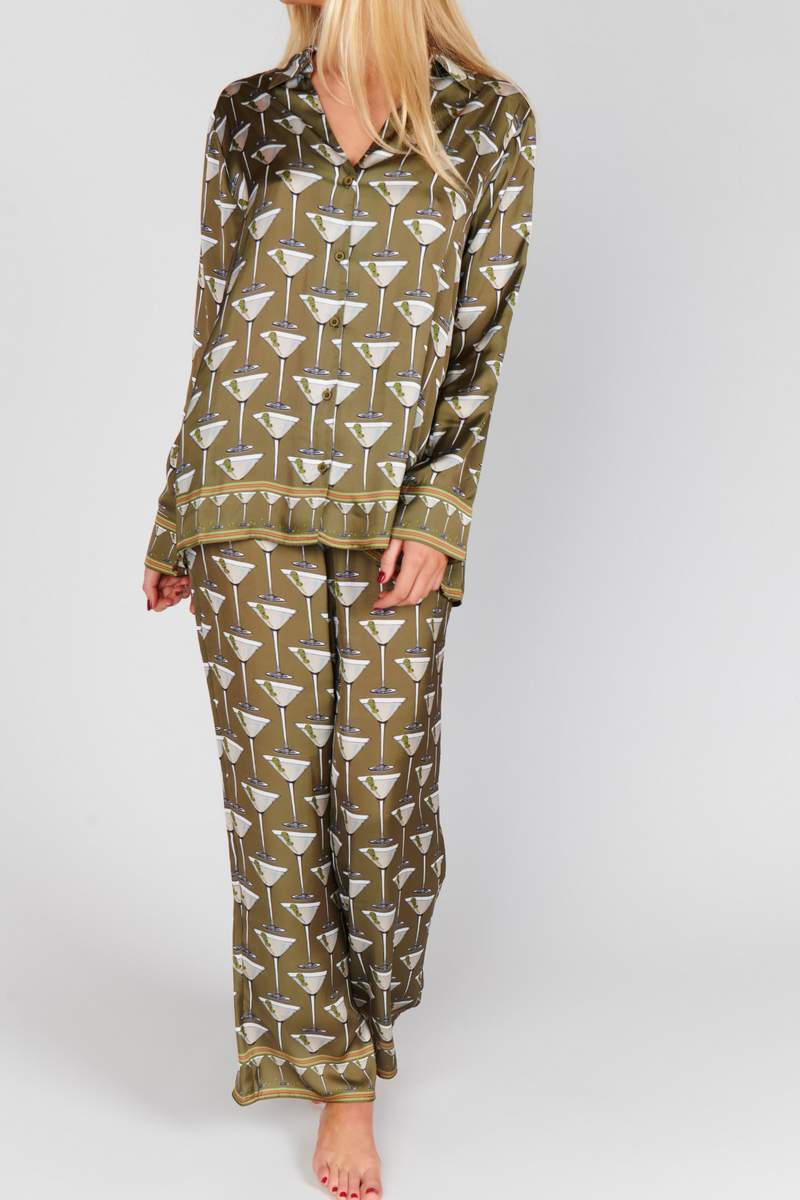 Light Gray Overslept Pj Set in Extra Dirty Martini Silky Pajamas