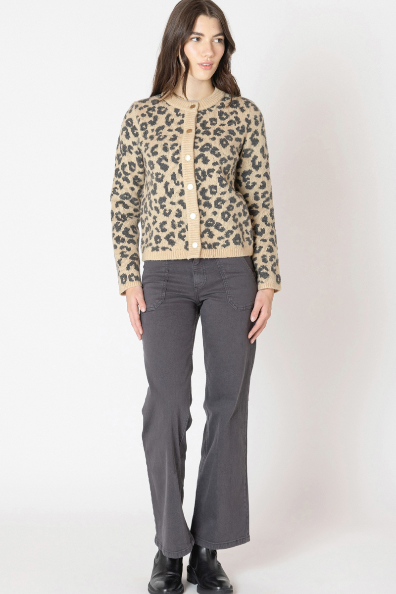 Antique White Crewneck Patterned Cardigan in Leopard Brown Cardigan