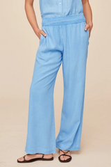 Sky Blue Smocked Waist Wide Leg Pant Pant