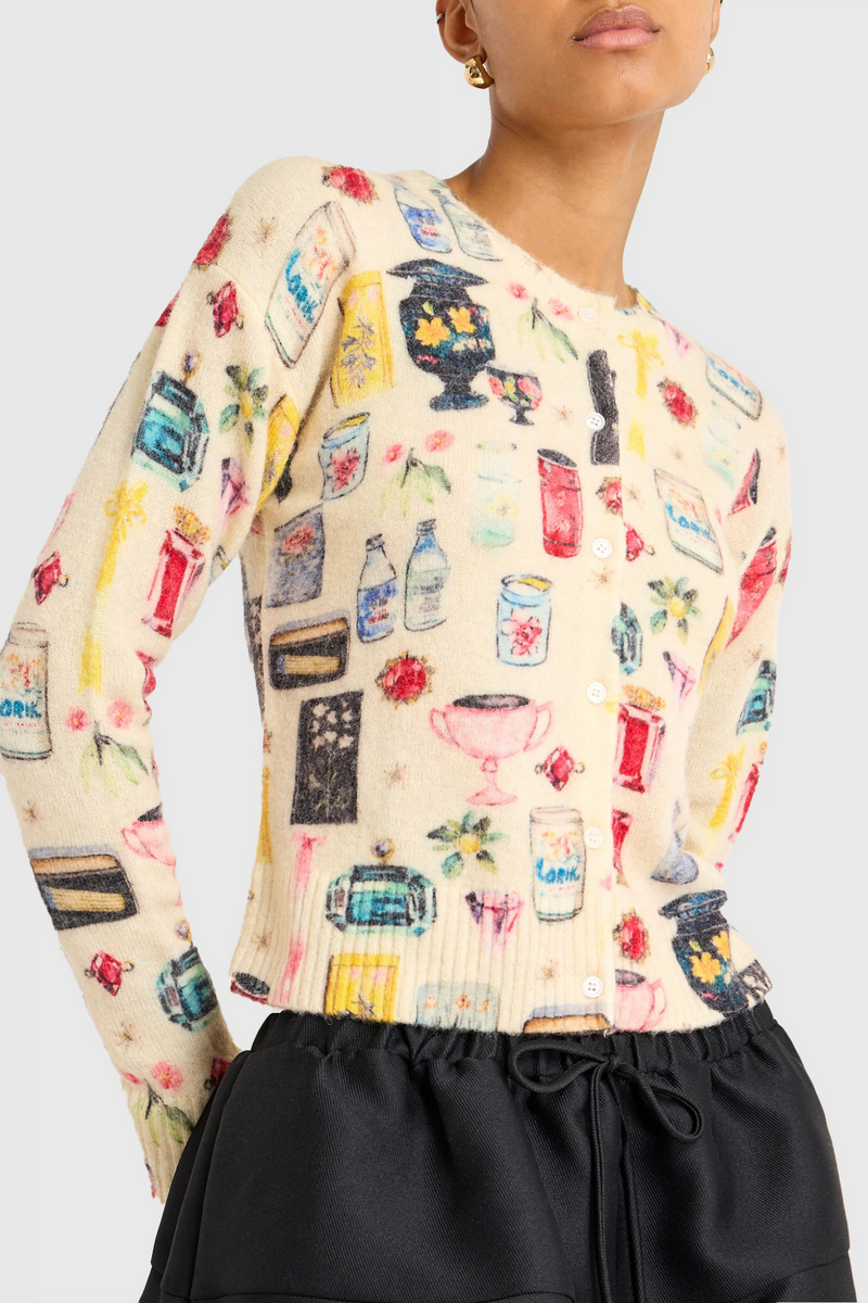 Antique White Nancy Cardigan in Antique White Treasure Print Cardigan