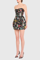 Antique White Bowery Dress in Black Treasure Print Mini Dress