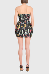 Antique White Bowery Dress in Black Treasure Print Mini Dress