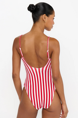 White Smoke Bells Beach One Piece in Red Stripe Bathing Suit