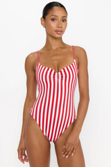 White Smoke Bells Beach One Piece in Red Stripe Bathing Suit