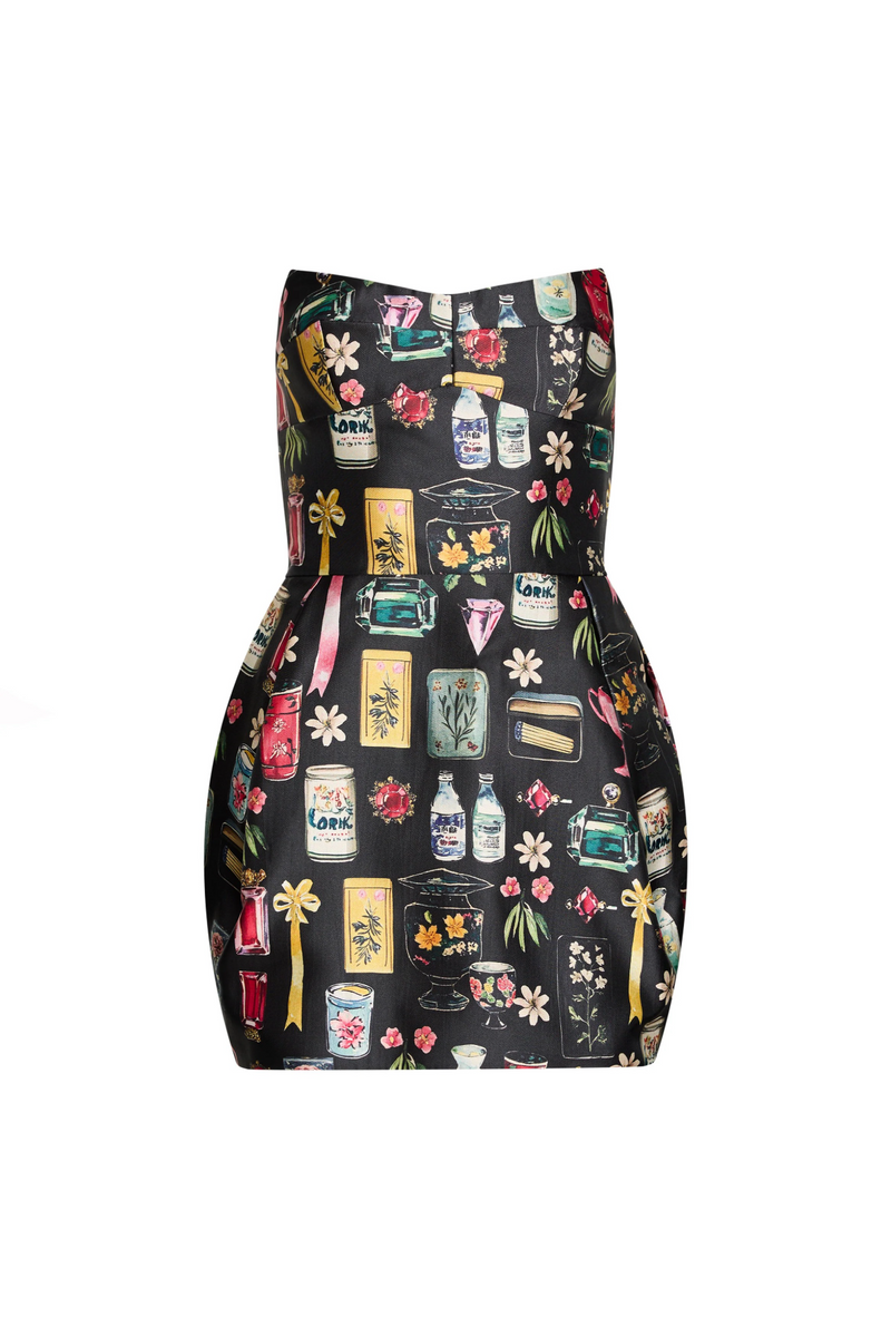 Dark Slate Gray Bowery Dress in Black Treasure Print Mini Dress