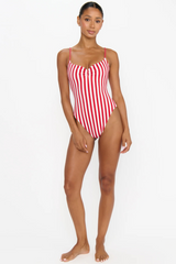 White Smoke Bells Beach One Piece in Red Stripe Bathing Suit