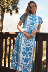 Black Adria Midi Dress in Florentine Blue Midi Dress