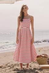 Light Gray Striped Pleated Midi Dress in Off White/Red Midi Dress