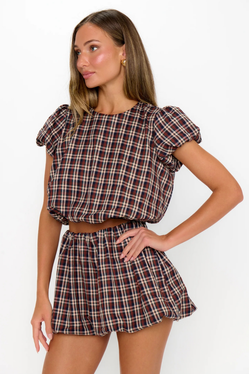 Dark Slate Gray Highland Bubble Skort in Saddle Plaid Mini Skort