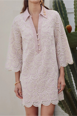 Dark Gray Striped Embroidered Scallop Hem Shirt Mini Dress Mini Dress