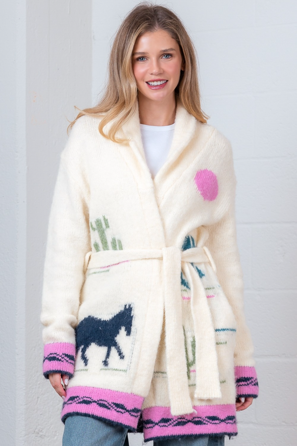 Light Gray Sunset Horse Self Tie Sweater Sweater